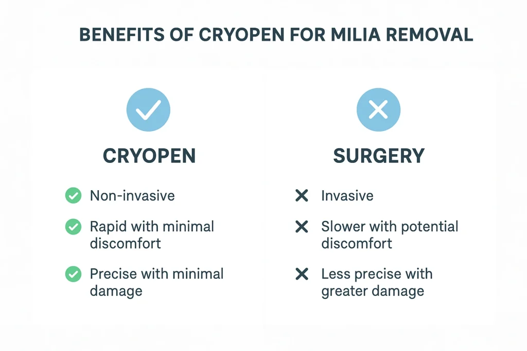 Benefits of cryopen for milia removal Leyton Marshes compared to surgical treatments.