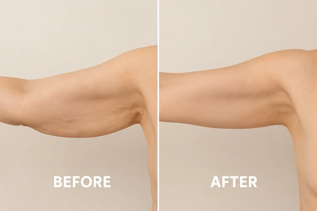 Picture of LA LIPO Leyton Marshes before and after results of skin tightening treatment on the upper arms.