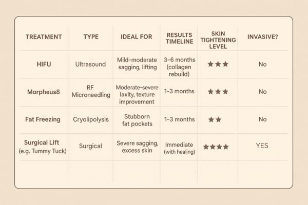 Table showing the comparisons of Skin tightening Leyton Marshes treatment options.